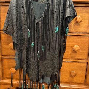 Fringed Black Floral Kimono with Teal Feather Accents